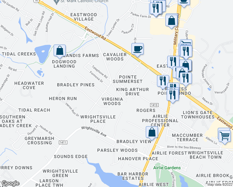 map of restaurants, bars, coffee shops, grocery stores, and more near 120 Telephone Road in Wilmington