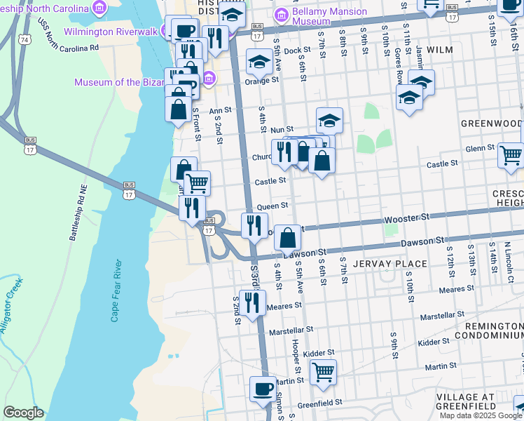 map of restaurants, bars, coffee shops, grocery stores, and more near 312 Queen Street in Wilmington