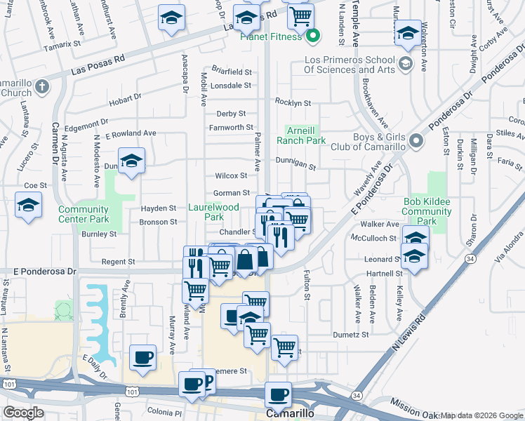 map of restaurants, bars, coffee shops, grocery stores, and more near 958 Palmer Avenue in Camarillo
