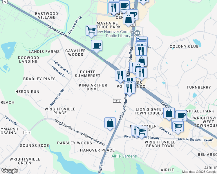 map of restaurants, bars, coffee shops, grocery stores, and more near 1600 Sturdivant Drive in Wilmington