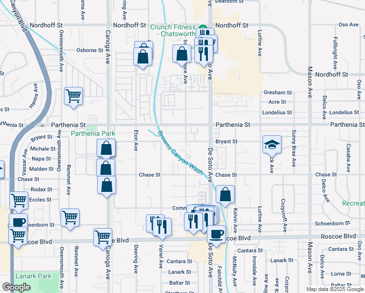 map of restaurants, bars, coffee shops, grocery stores, and more near 8575 Independence Avenue in Los Angeles