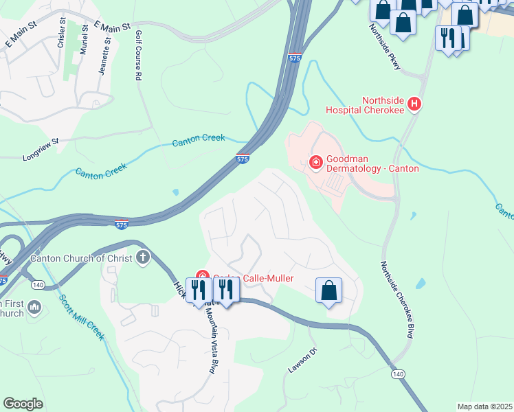 map of restaurants, bars, coffee shops, grocery stores, and more near 3785 Cherokee Overlook Drive in Canton