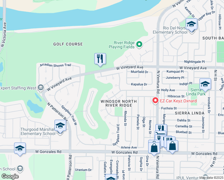 map of restaurants, bars, coffee shops, grocery stores, and more near 2207 Inverness Court in Oxnard