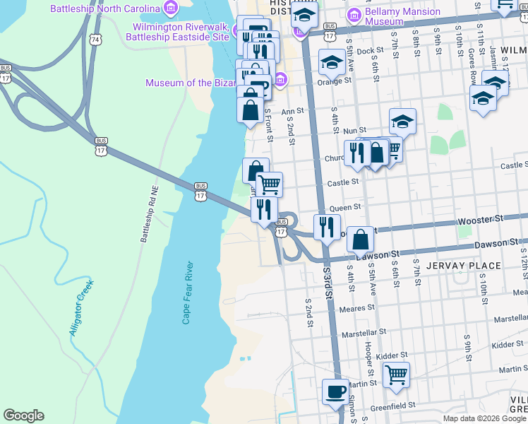 map of restaurants, bars, coffee shops, grocery stores, and more near 613 Surry Street in Wilmington