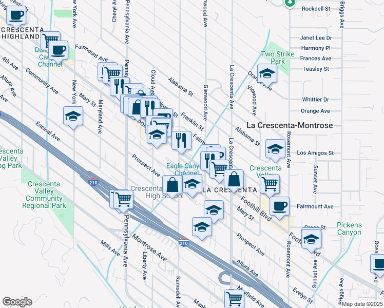 map of restaurants, bars, coffee shops, grocery stores, and more near 2943 Foothill Boulevard in La Crescenta-Montrose