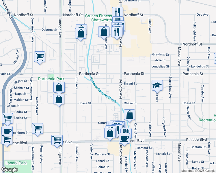 map of restaurants, bars, coffee shops, grocery stores, and more near 20954 Bryant Street in Los Angeles