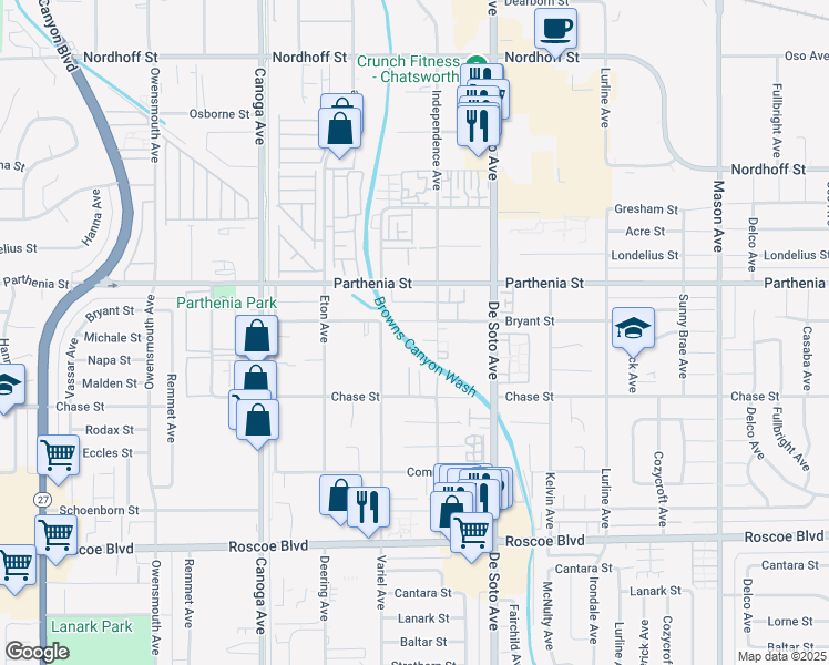 map of restaurants, bars, coffee shops, grocery stores, and more near 21024 Bryant Street in Los Angeles