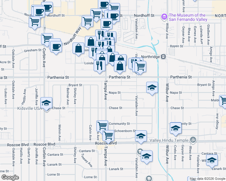map of restaurants, bars, coffee shops, grocery stores, and more near 19233 Napa Street in Los Angeles