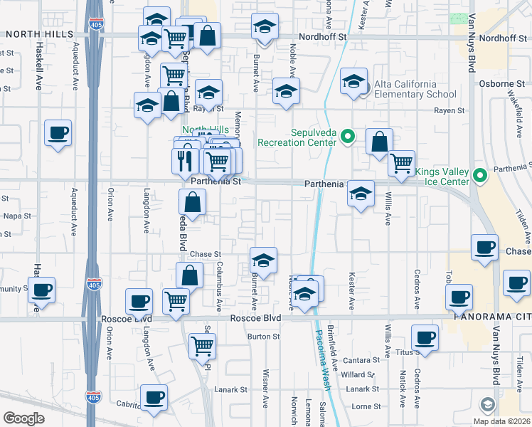 map of restaurants, bars, coffee shops, grocery stores, and more near 8554 Burnet Avenue in Los Angeles