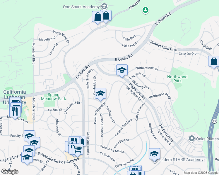 map of restaurants, bars, coffee shops, grocery stores, and more near 3275 Camino Calandria in Thousand Oaks