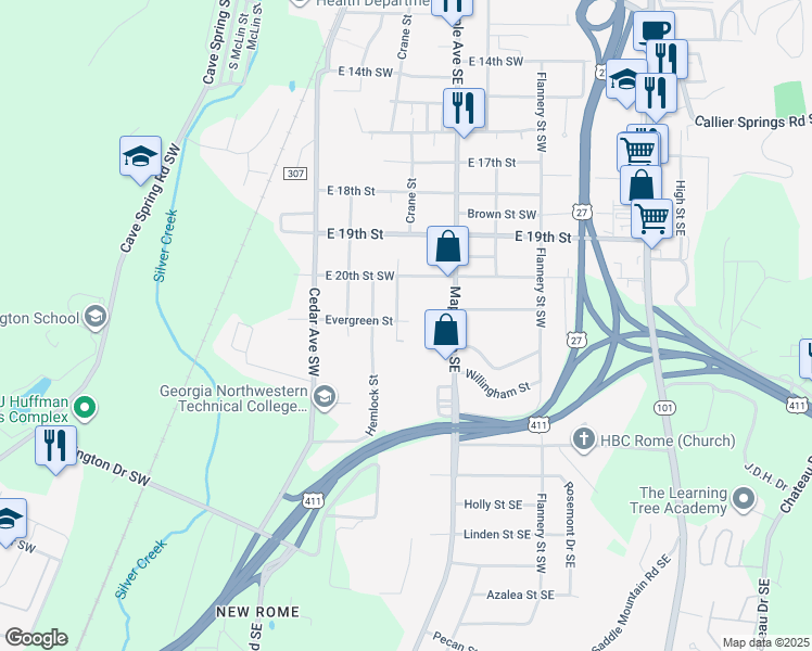 map of restaurants, bars, coffee shops, grocery stores, and more near 14 Wheeler Street Southwest in Rome
