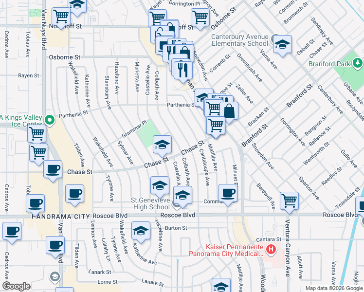 map of restaurants, bars, coffee shops, grocery stores, and more near 8600 Colbath Avenue in Los Angeles