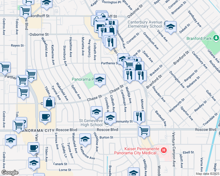 map of restaurants, bars, coffee shops, grocery stores, and more near 8618 Colbath Avenue in Los Angeles