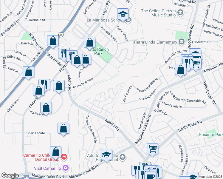 map of restaurants, bars, coffee shops, grocery stores, and more near 193 Rancho Adolfo Drive in Camarillo