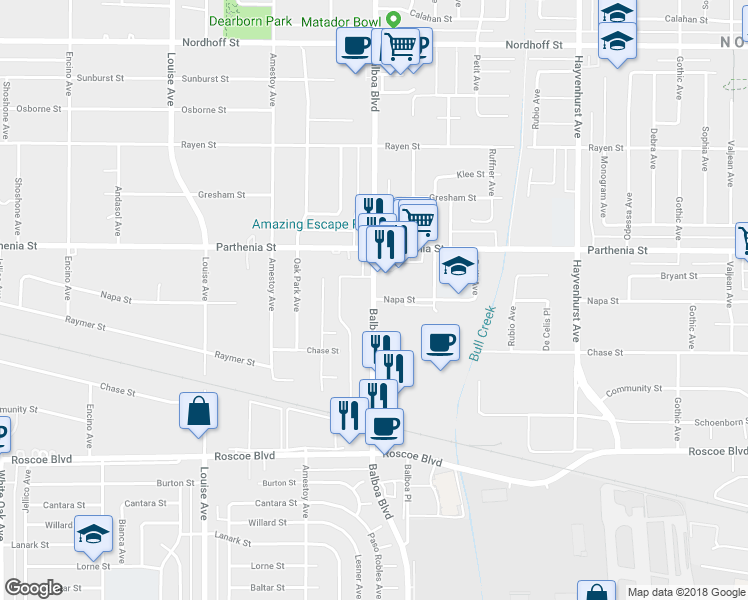 map of restaurants, bars, coffee shops, grocery stores, and more near Balboa Boulevard & Napa Street in Los Angeles