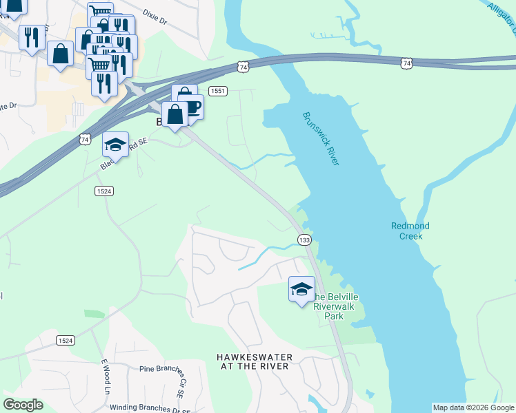 map of restaurants, bars, coffee shops, grocery stores, and more near 1008 Broadbank Drive in Leland