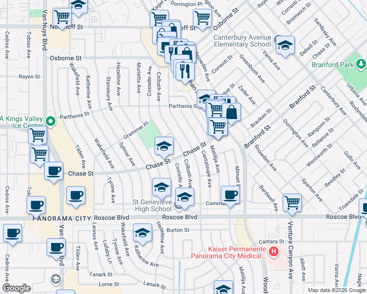 map of restaurants, bars, coffee shops, grocery stores, and more near 8600 Colbath Avenue in Los Angeles
