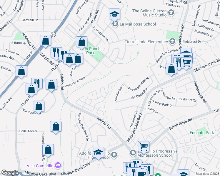 map of restaurants, bars, coffee shops, grocery stores, and more near 74 Caleta Drive in Camarillo