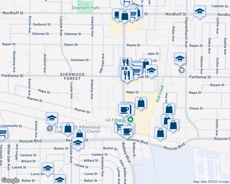 map of restaurants, bars, coffee shops, grocery stores, and more near 8600 Paso Robles Avenue in Los Angeles