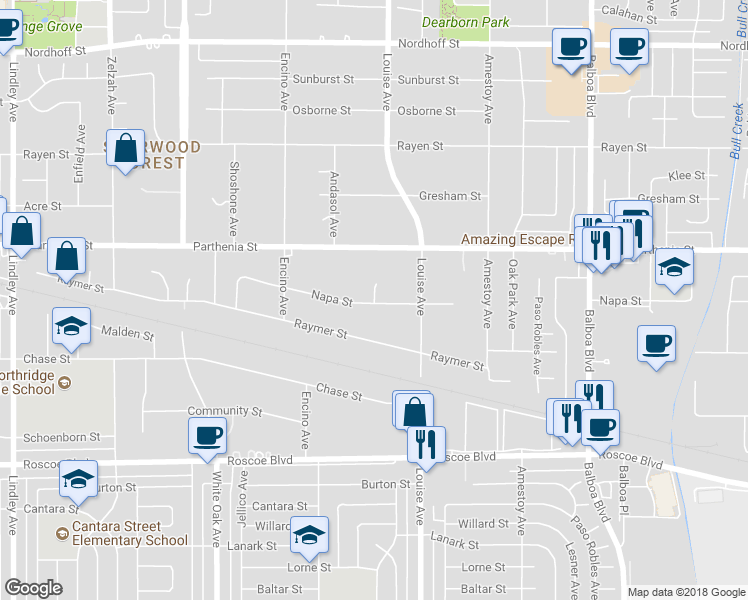 map of restaurants, bars, coffee shops, grocery stores, and more near 8617 Lasaine Avenue in Los Angeles