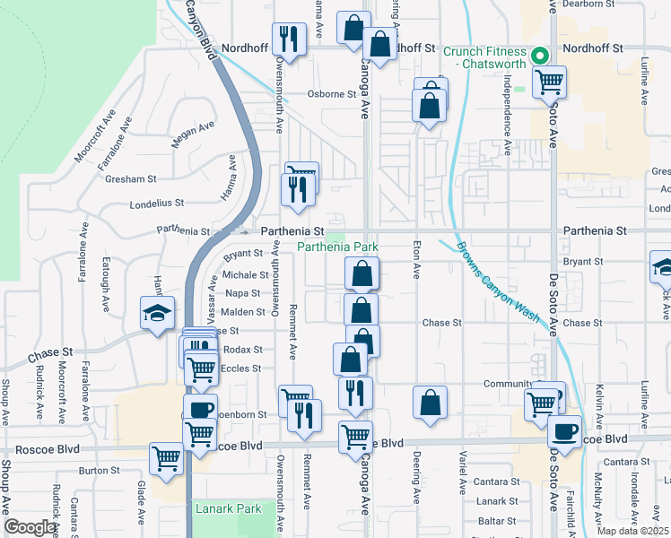 map of restaurants, bars, coffee shops, grocery stores, and more near 8600 International Avenue in Los Angeles