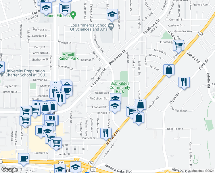 map of restaurants, bars, coffee shops, grocery stores, and more near 2752 East Ponderosa Drive in Camarillo