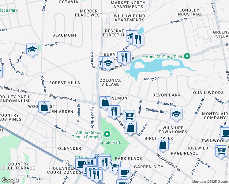 map of restaurants, bars, coffee shops, grocery stores, and more near 3213 Camden Circle in Wilmington