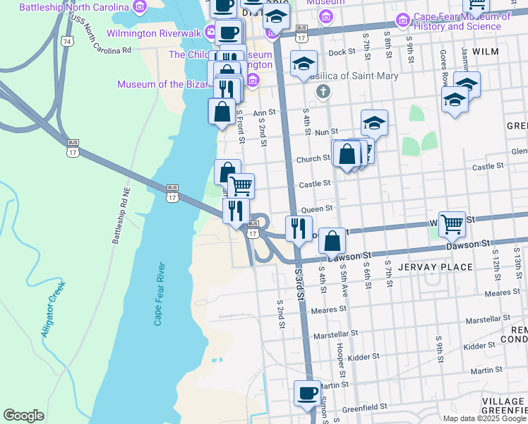 map of restaurants, bars, coffee shops, grocery stores, and more near 615 South Front Street in Wilmington