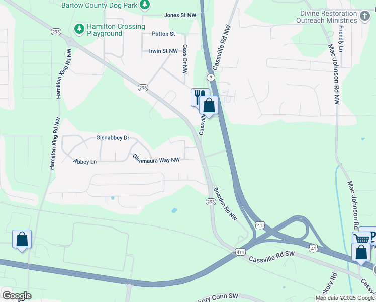 map of restaurants, bars, coffee shops, grocery stores, and more near 15 Burch Lane Northwest in Cartersville