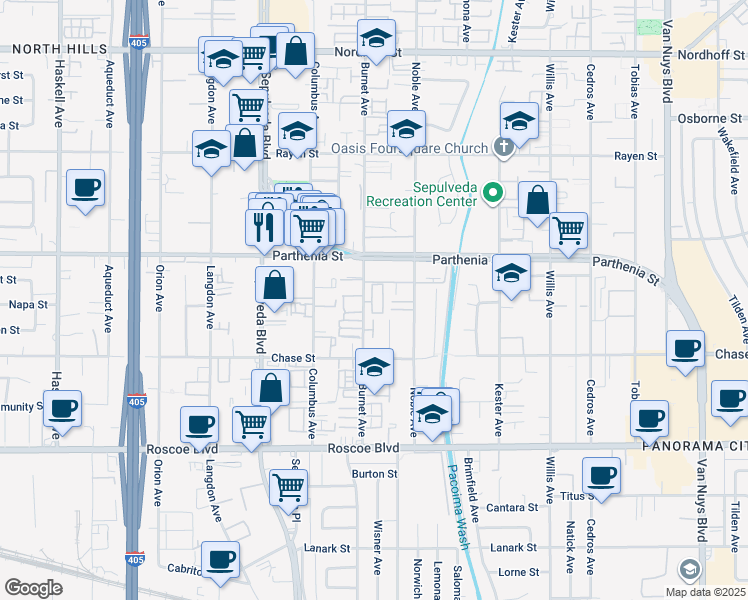 map of restaurants, bars, coffee shops, grocery stores, and more near 8554 Burnet Avenue in Los Angeles