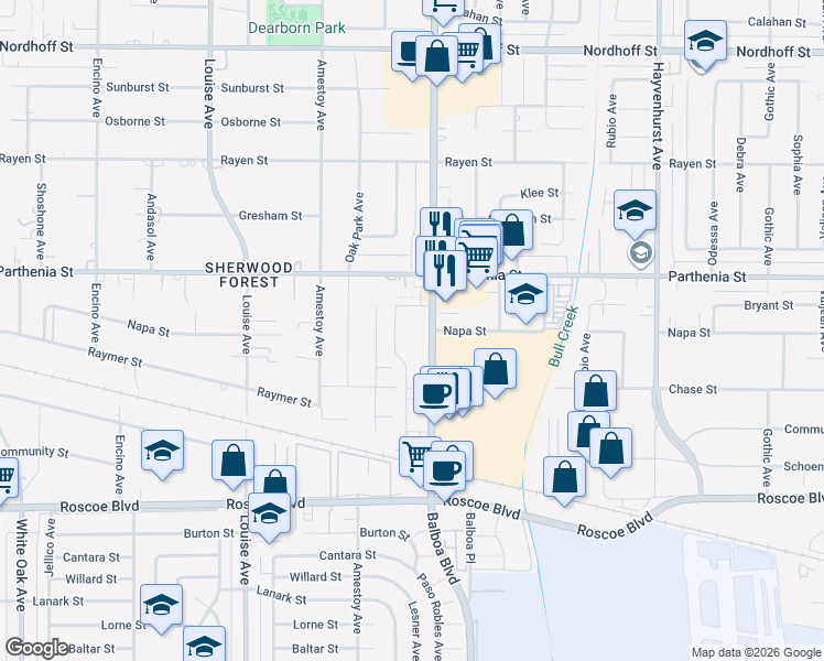 map of restaurants, bars, coffee shops, grocery stores, and more near 8567 Balboa Blvd in Northridge
