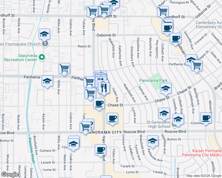 map of restaurants, bars, coffee shops, grocery stores, and more near 8628 Tilden Avenue in Los Angeles