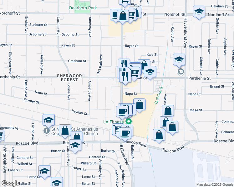 map of restaurants, bars, coffee shops, grocery stores, and more near 8601-8609 Balboa Boulevard in Los Angeles