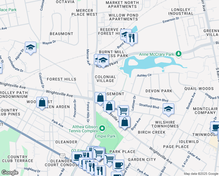 map of restaurants, bars, coffee shops, grocery stores, and more near 3213 Camden Circle in Wilmington