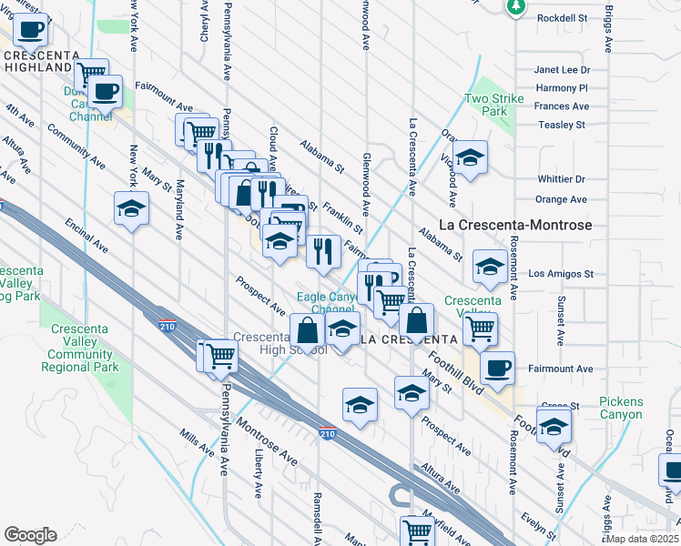 map of restaurants, bars, coffee shops, grocery stores, and more near 2943 Foothill Boulevard in La Crescenta-Montrose