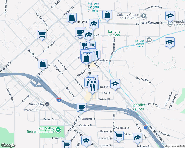 map of restaurants, bars, coffee shops, grocery stores, and more near 8641 Glenoaks Boulevard in Los Angeles