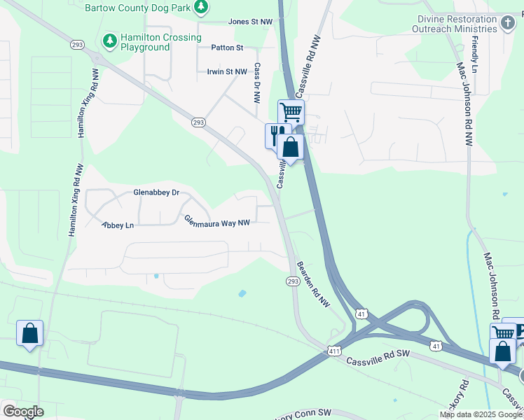 map of restaurants, bars, coffee shops, grocery stores, and more near 15 Burch Lane Northwest in Cartersville