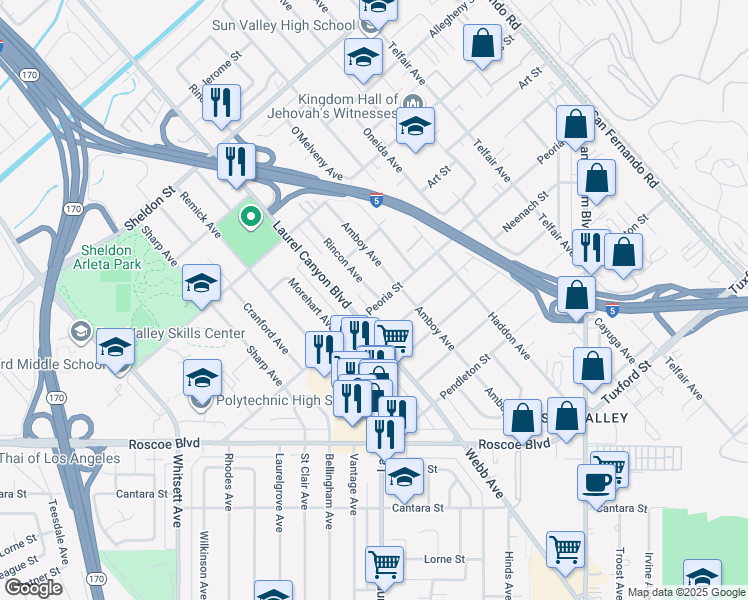 map of restaurants, bars, coffee shops, grocery stores, and more near 12103 Peoria Street in Los Angeles