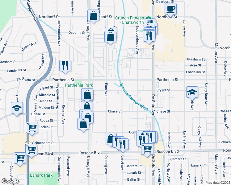map of restaurants, bars, coffee shops, grocery stores, and more near 21126 Bryant Street in Los Angeles