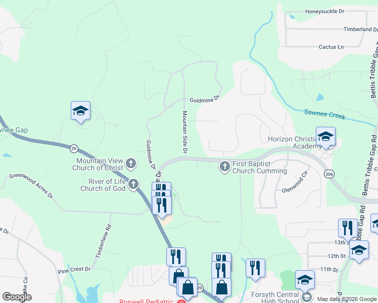 map of restaurants, bars, coffee shops, grocery stores, and more near 1710 Mountain Side Drive in Cumming