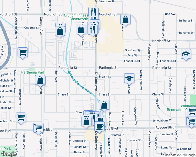 map of restaurants, bars, coffee shops, grocery stores, and more near 20862 Bryant Street in Los Angeles