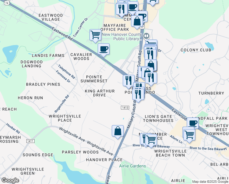 map of restaurants, bars, coffee shops, grocery stores, and more near 1600 Sturdivant Drive in Wilmington