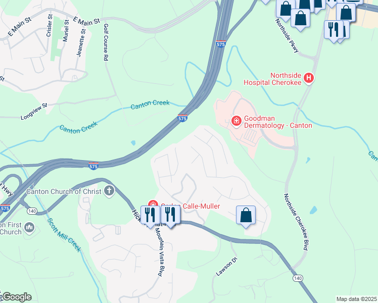 map of restaurants, bars, coffee shops, grocery stores, and more near 3789 Cherokee Overlook Drive in Canton