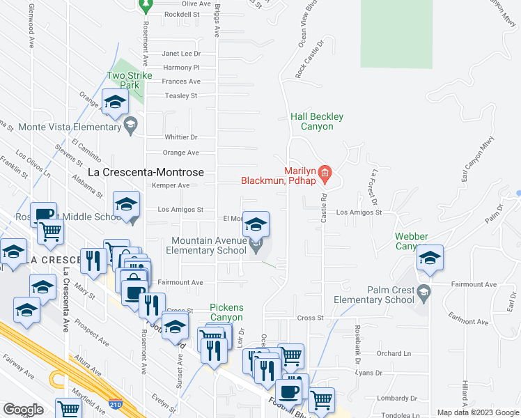 map of restaurants, bars, coffee shops, grocery stores, and more near 2314 Los Amigos Street in La Crescenta-Montrose