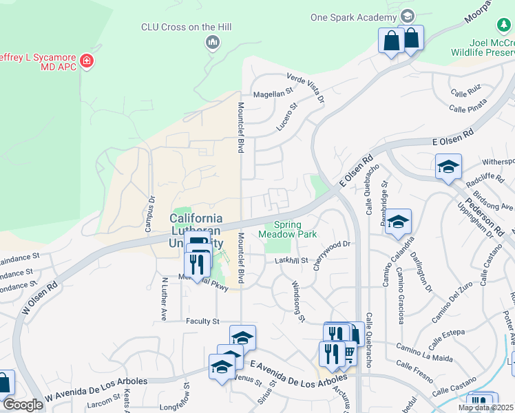 map of restaurants, bars, coffee shops, grocery stores, and more near 14 McAfee Court in Thousand Oaks