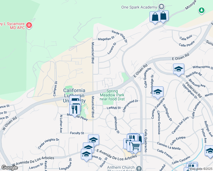 map of restaurants, bars, coffee shops, grocery stores, and more near 87 McAfee Court in Thousand Oaks