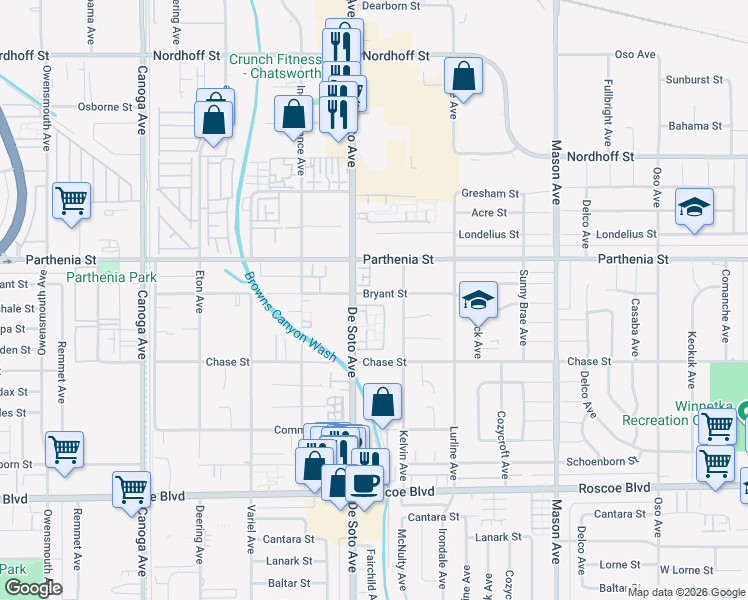 map of restaurants, bars, coffee shops, grocery stores, and more near 20838 Bryant Street in Los Angeles