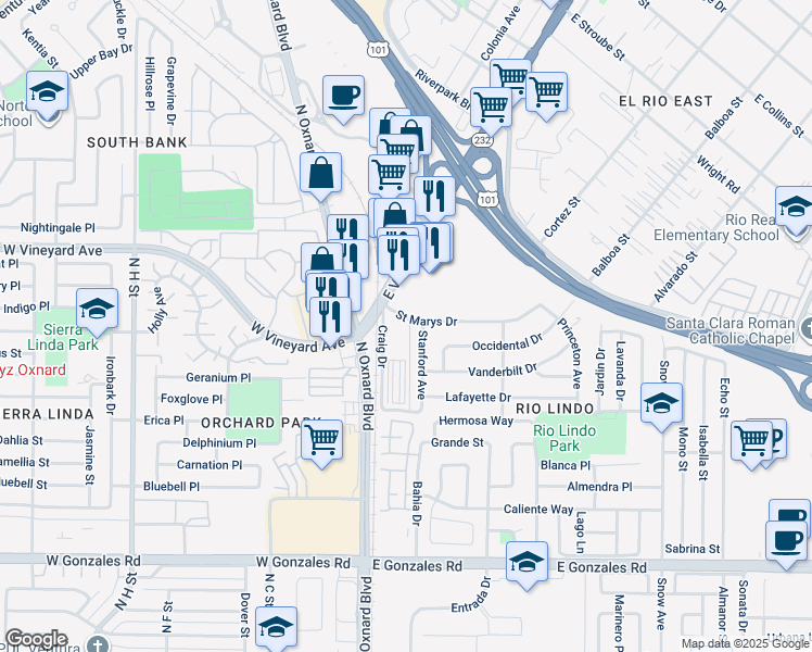map of restaurants, bars, coffee shops, grocery stores, and more near 151 Saint Marys Drive in Oxnard