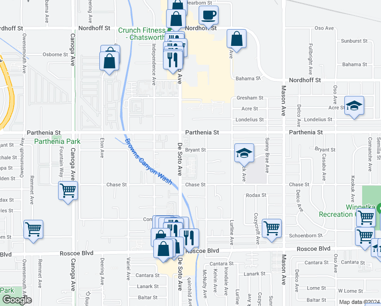 map of restaurants, bars, coffee shops, grocery stores, and more near 20838 Bryant Street in Los Angeles