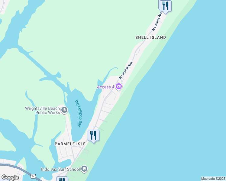 map of restaurants, bars, coffee shops, grocery stores, and more near 2510 North Lumina Avenue in Wrightsville Beach